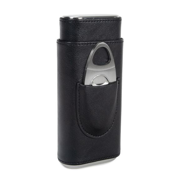 Ashton - 3 Cigar Leather Case & Cutter (Black)