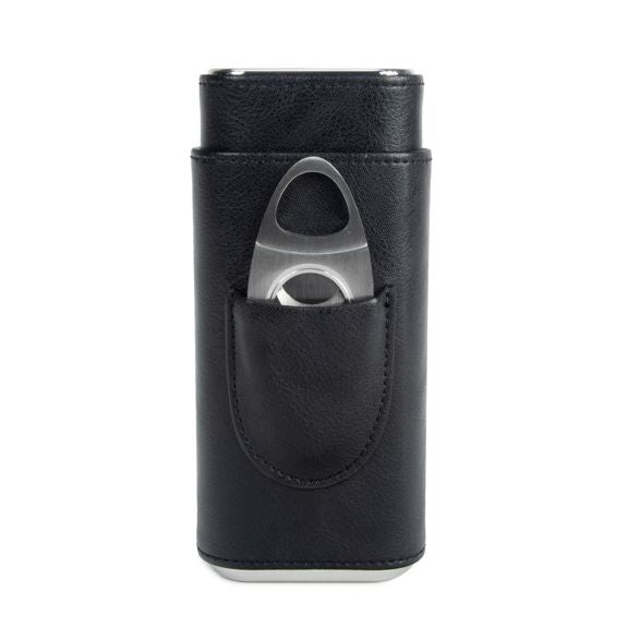 Ashton - 3 Cigar Leather Case & Cutter (Black)
