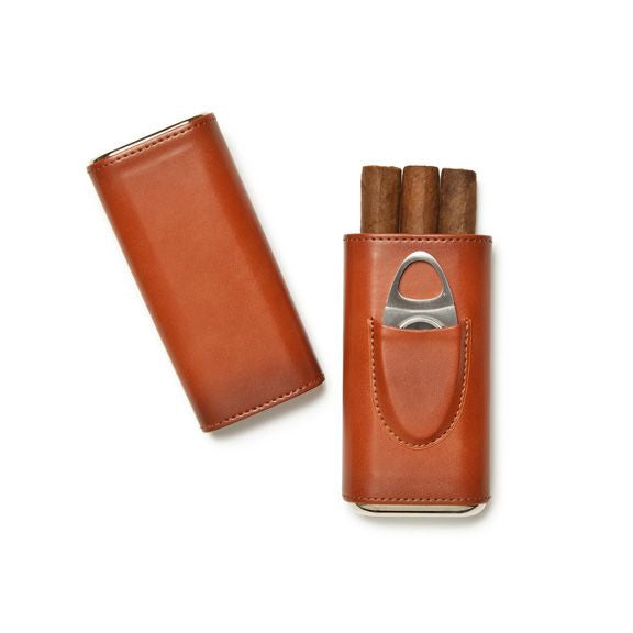 Ashton - 3 Cigar Leather Case & Cutter (Brown)