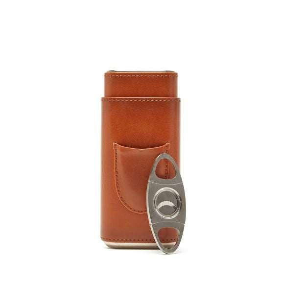 Ashton - 3 Cigar Leather Case & Cutter (Brown)
