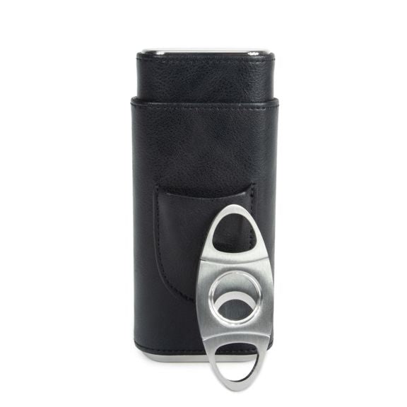 Ashton - 3 Cigar Leather Case & Cutter (Black)
