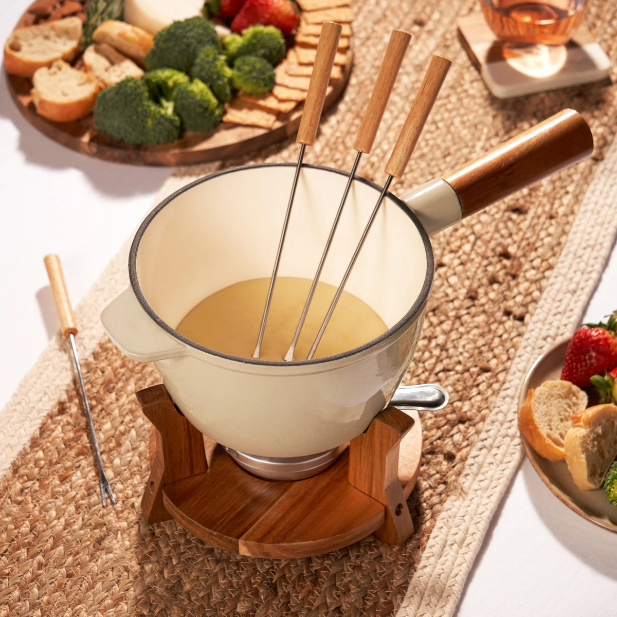 Beige & Wood Cast Iron Fondue Set